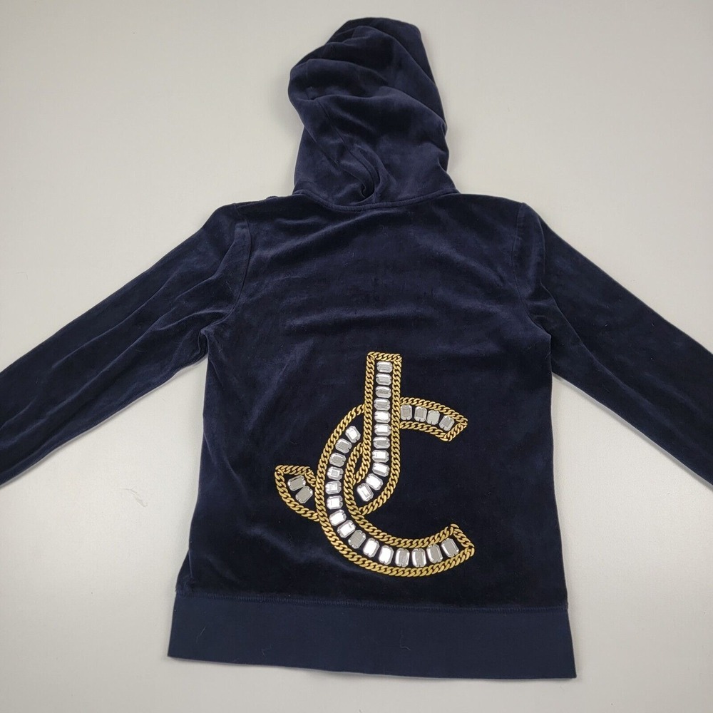 Vintage Juicy Couture Velour Bedazzled Zip Up Sweater Blue Navy Size M Full Zip